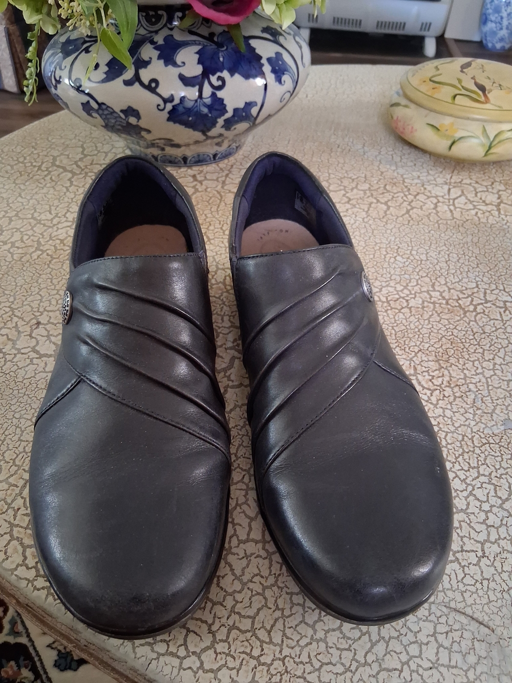 Clarks Navy Blue Slip-On Loafers with Subtle Pleat Detail